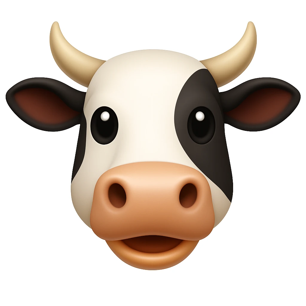 Create a cow face emoji that looks exactly like the reference image, in iOS emoji style. The emoji should have 3D appearance, shiny surface, smooth gradients, soft shadows, a friendly expression, black and white markings, and horns. Add a glossy effect to the nose. emoji