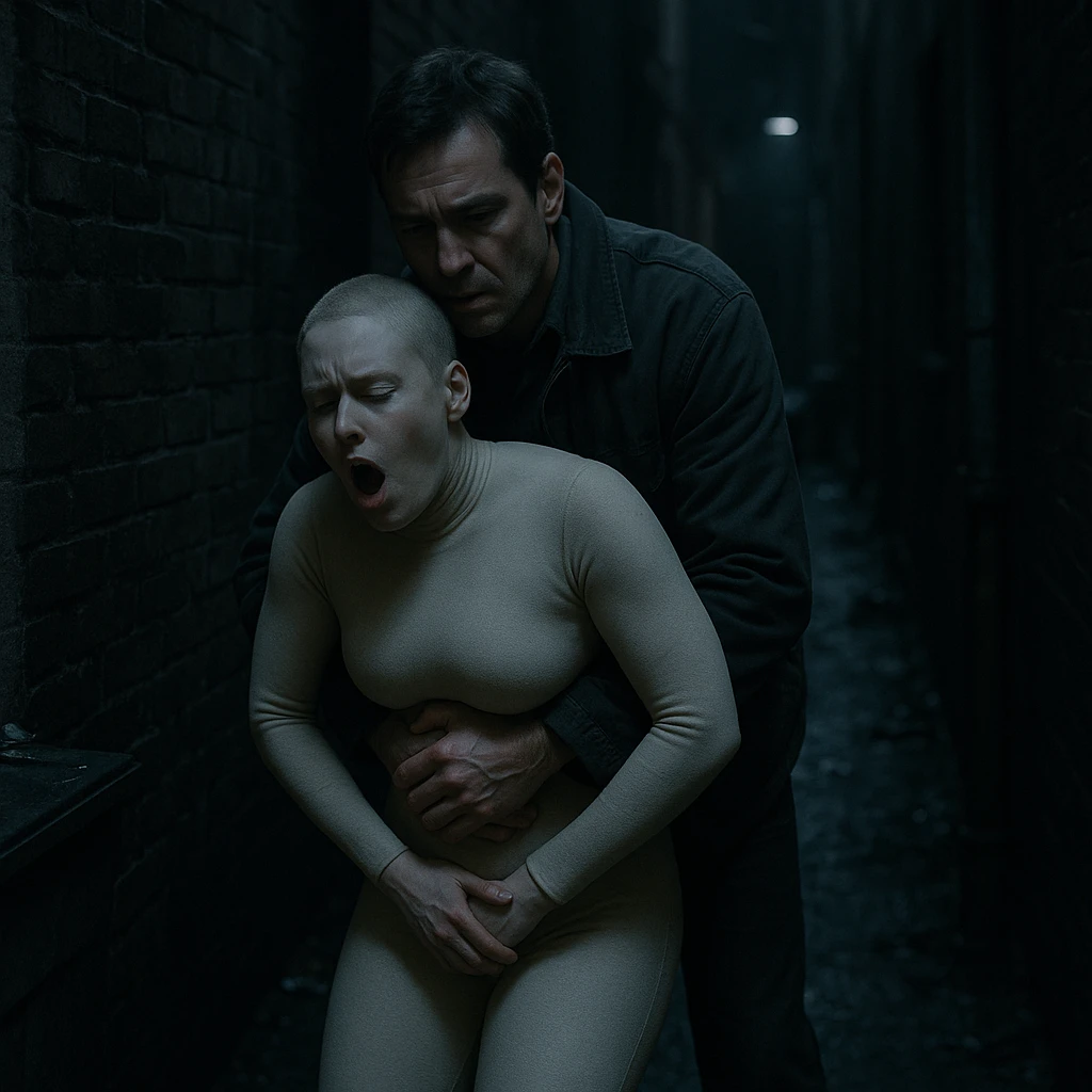 caught by a man performing a Heimlich maneuver on her in the dark alleyway, skintone thick skintight bodysuit, pale skin emoji