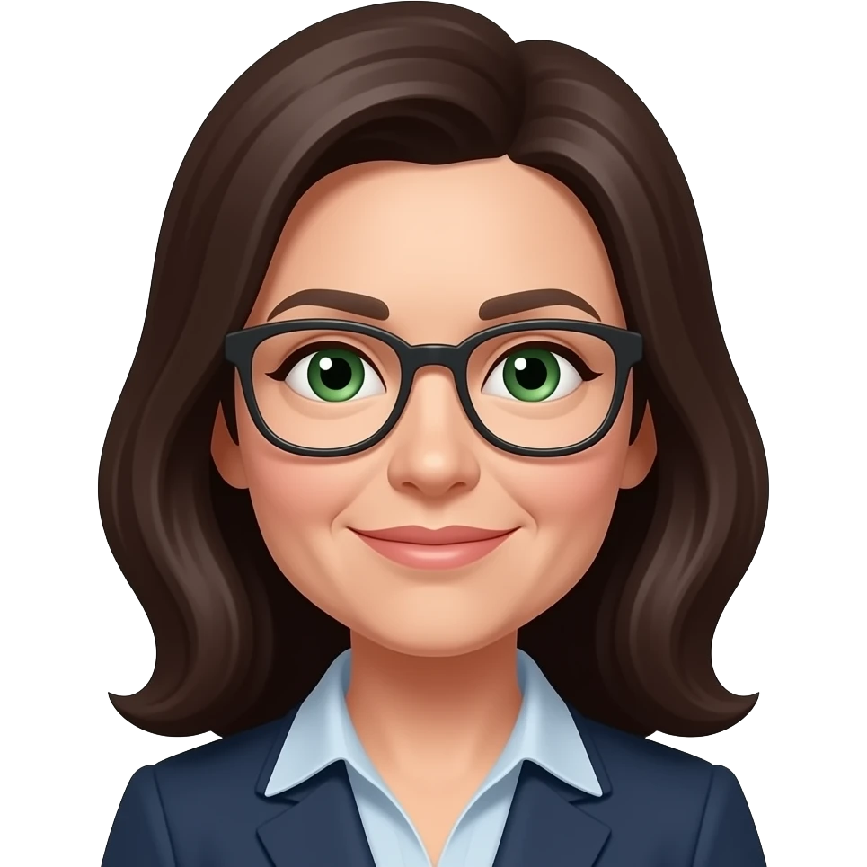 Mature woman chin length dark hair, glasses, green eyes emoji