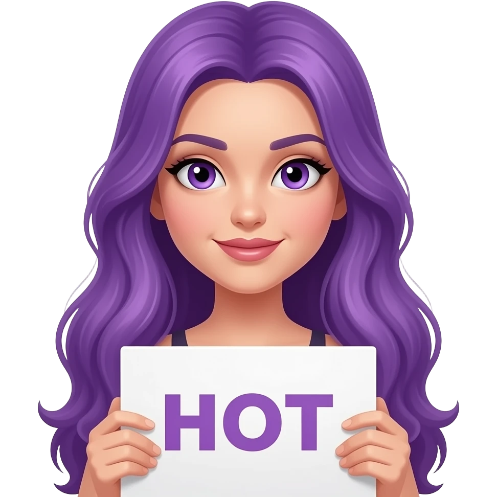 sexy girl with long purple hair and purple eyes holding a HOT sign emoji