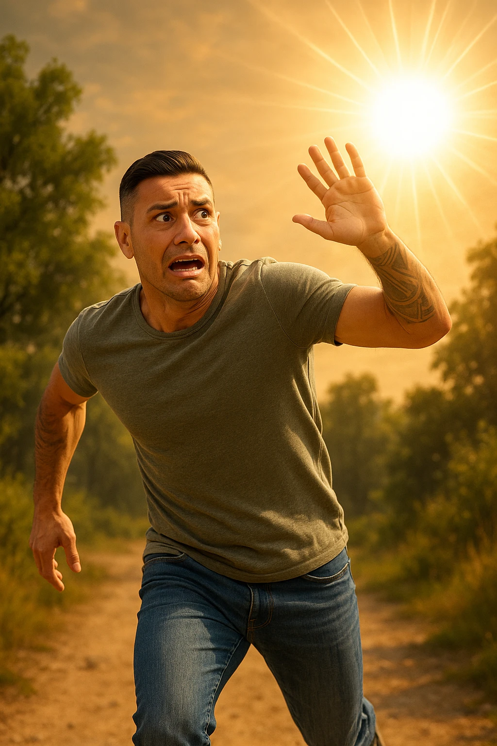 Uomo che corre via dal sole spaventato perchè pensa sia nocivo realistica emoji