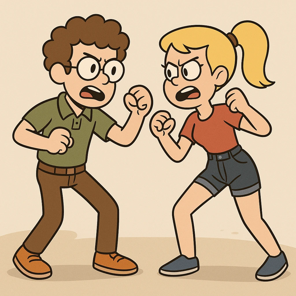 Fighting a boy brown Curly hair circle glasses green Pro polo brown jeans orange shoes and a girl Yellow ponytail hair red shirt high waisted dark blue denim shorts blue shoes emoji