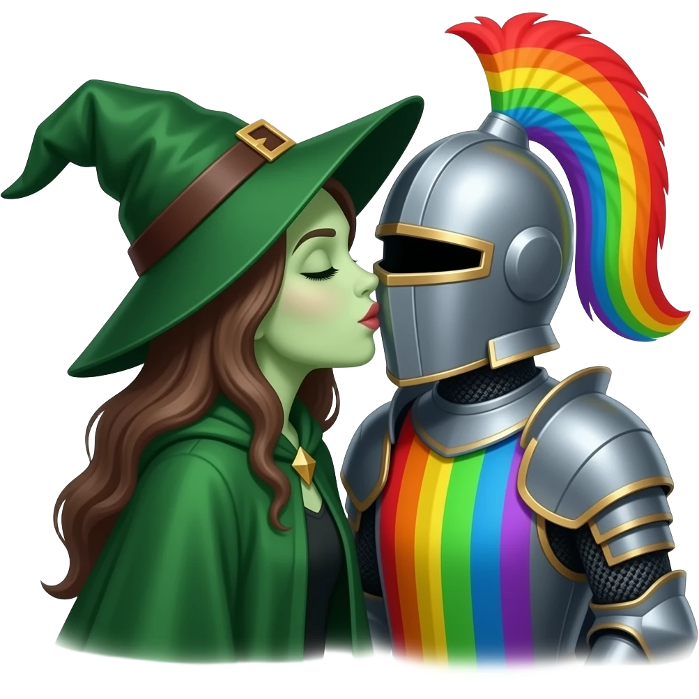 A green cloaked witch with pale skin kissing a rainbow knight  without a helmet emoji