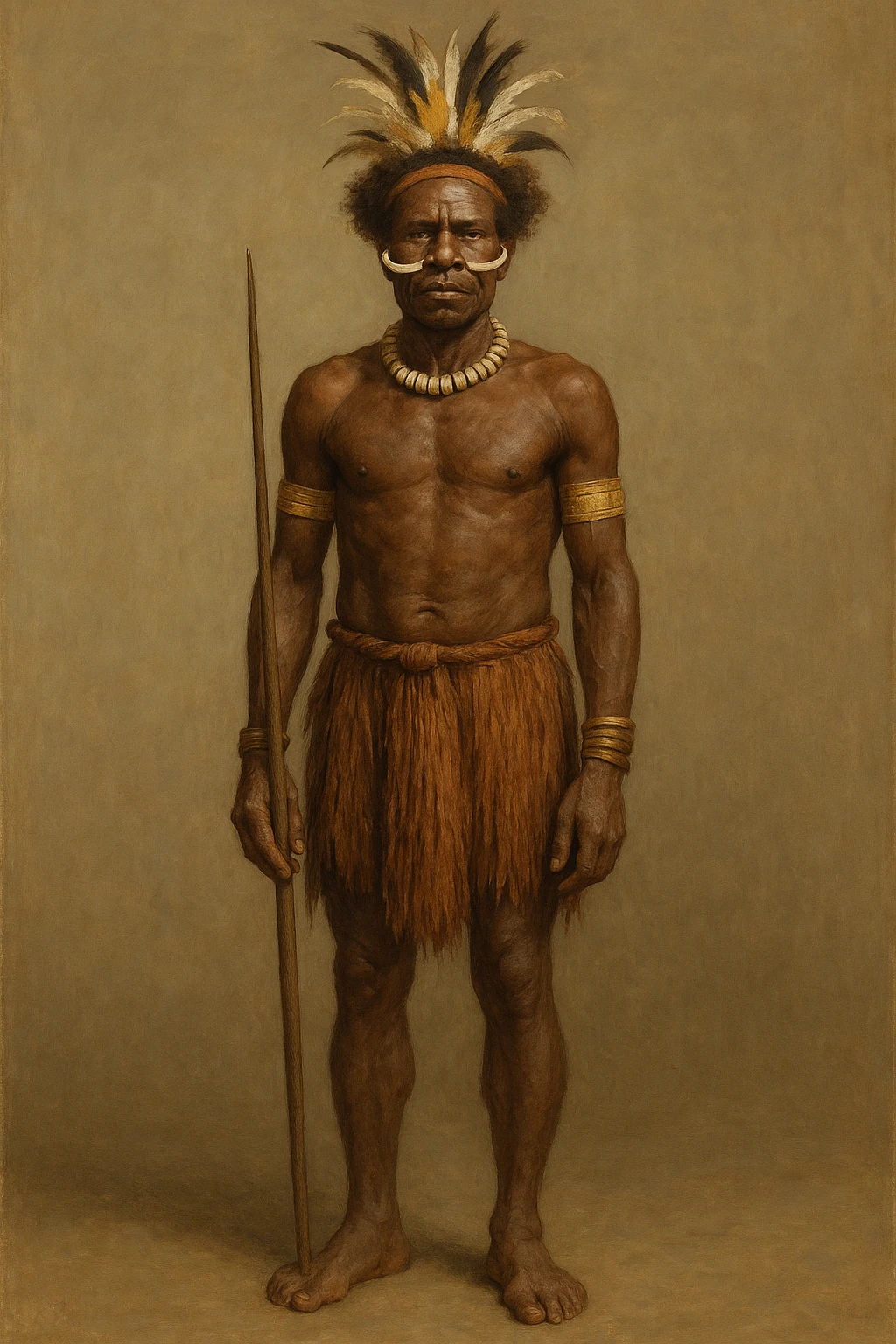 Сгенерируй мне в стиле реалистичной живописи человека из племени индонезии, в полный рост на однородном фоне emoji