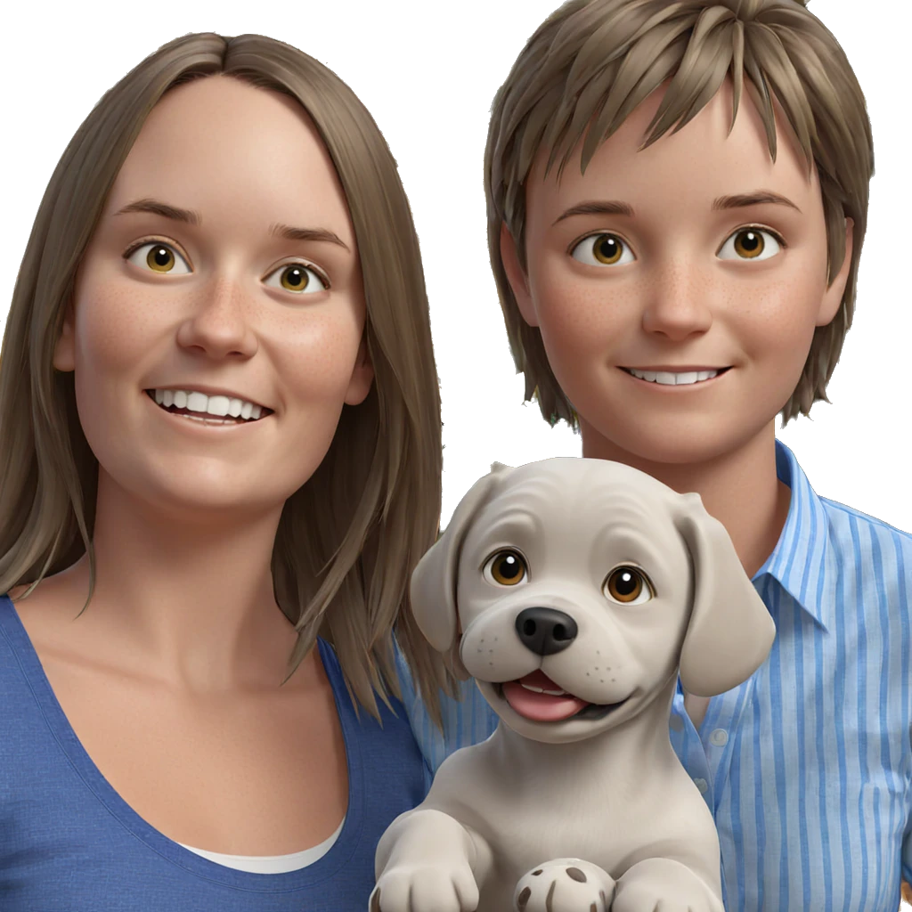 smiling girl with dog and boy emoji