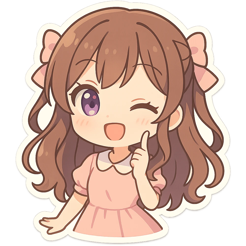 brunette anime girl with purple eyes, chibi style, playful expressions, pastel colors, no background emoji