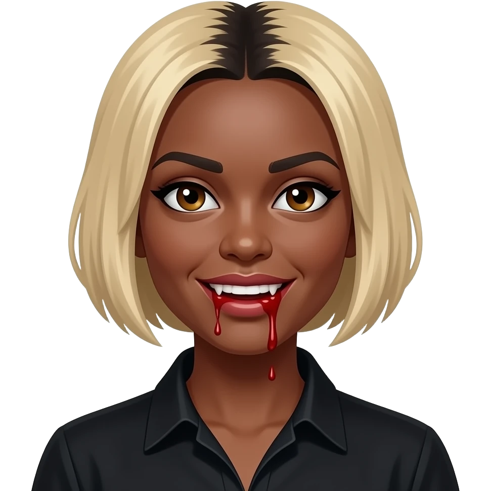 women blond short hair with black roots, black skin, brown eyes, black shirt,  dracula teeth with blood on the fangs emoji