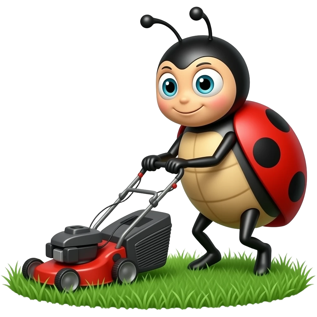 a ladybug mowing the lawn with a lawn mower emoji