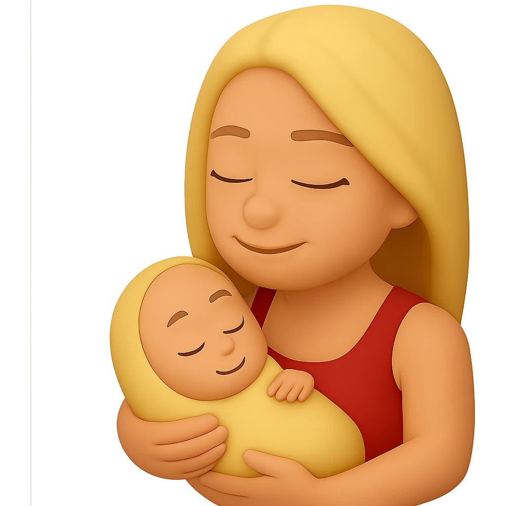 Remove the male character from the image, leaving only the female character holding the baby. Keep the transparent background intact. Maintain the original style of the image. emoji