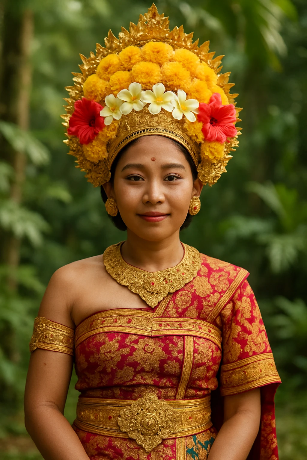 a Balinese person in ceremonial dress with a flower headdress, gentle expression, lush greenery background emoji