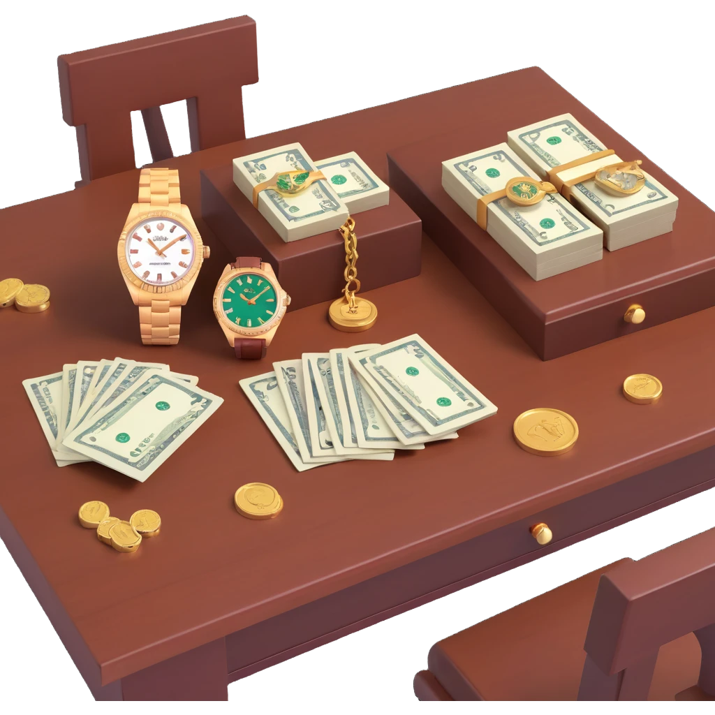 3D scene showing a wooden table with jewelry, a luxury hand watch Rolex style, and bundles of cash, realistic and detailed emoji