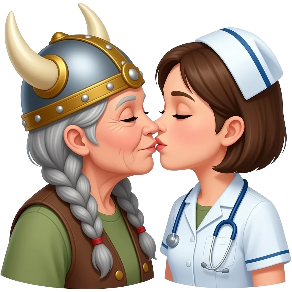 Viking hat gray braids old woman kissing old shortest hair brunette nurse emoji
