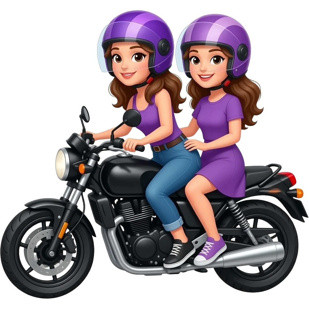 Dos mujeres de cabellos lacios en moto negra y cascos morado y lila emoji