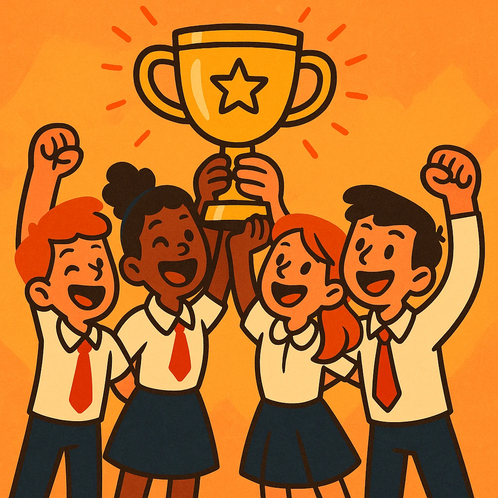 quatre étudiants soulèvent un trophée, ambiance chaleureuse, illustration expressive, vibrant colors, dynamic composition emoji