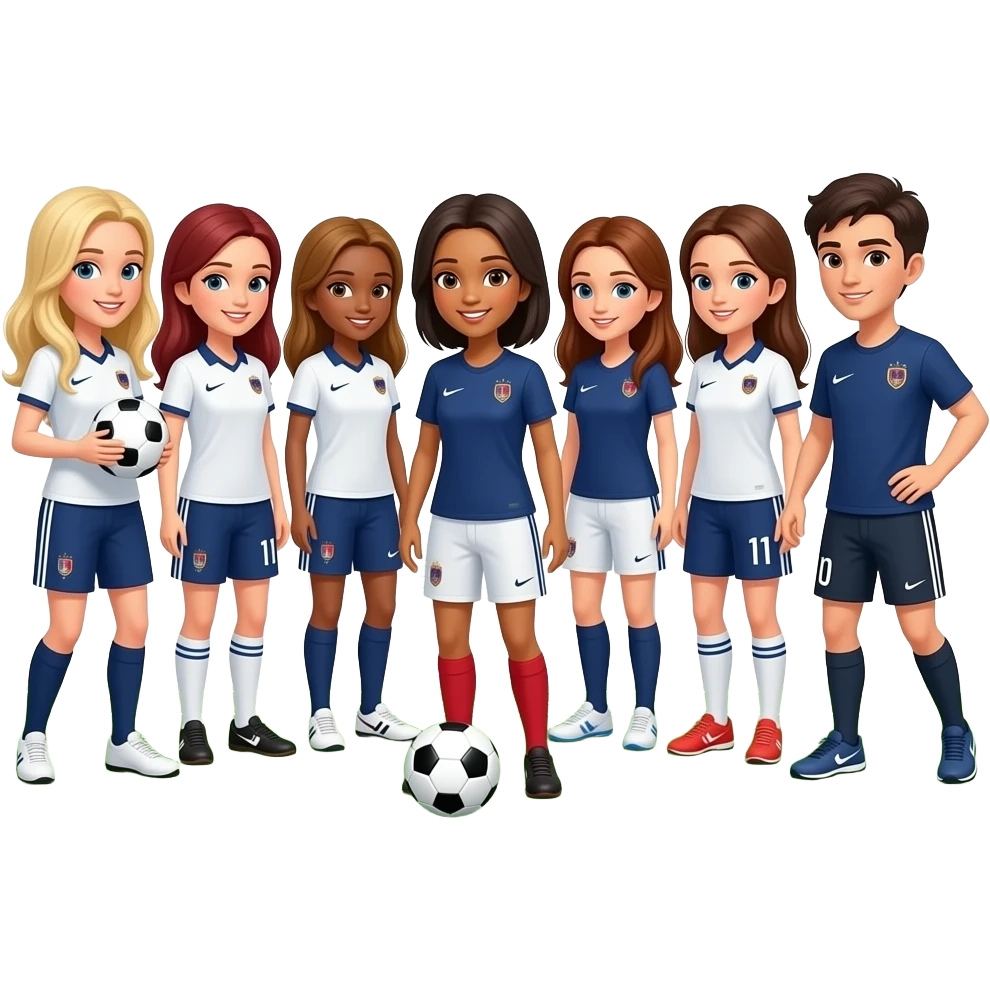 A team of 7 women playing soccer in France : one with long blond hair and white skin, one with auburn long hair and white skin, one with caramel-colored skin and chestnut hair, two with chestnut long hair and white skin, two with brown middle hair and white skin emoji
