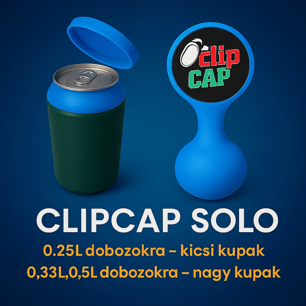 A kupakokat színezd át kékre. A CLIPCAP DUO felírat helyett CLIPCAP SOLO felírat legyen, a "kicsi és nagy kupak a csomagban" szöveg helyett "0.25L dobozokra - kicsi kupak" és a "0.33L,0.5L dobozokra - nagy kupak" külön sorban. emoji