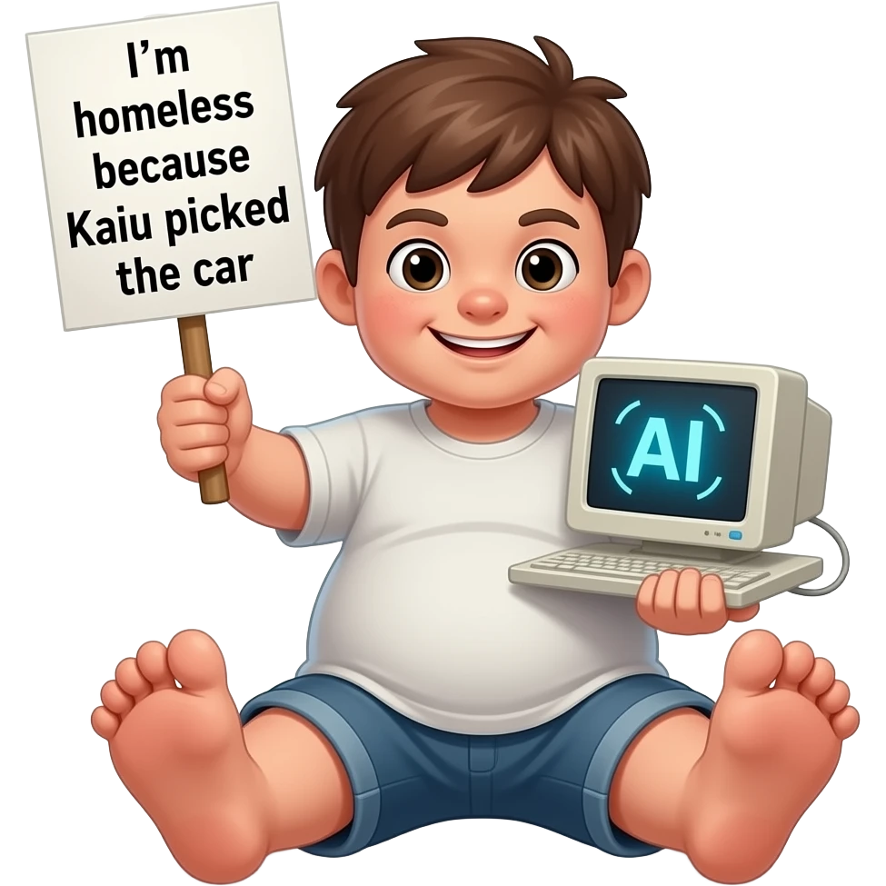 make a ugly brown haired kid with a sign that says im homeless because kaiu picked the car and make him have massive feet and make sure hes fat make him have chubby cheeks and make him smirking and make him stupid and make him have a computer with ai on it emoji