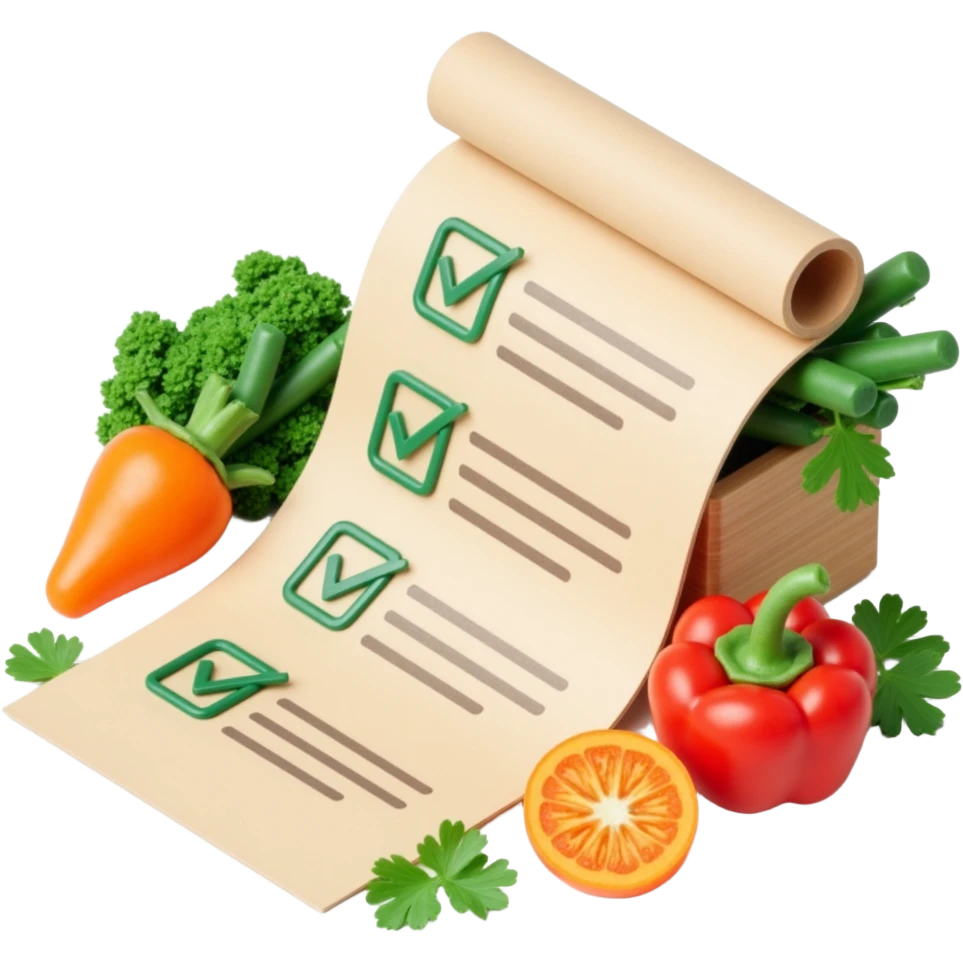 floating rolled paper list with green checkboxes and around vegetables emoji