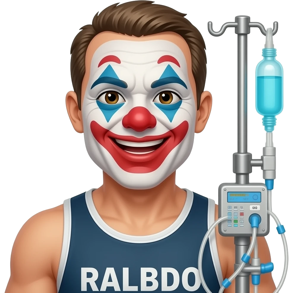 CrossFit inside joke emoji, Uncle Rhabdo a skinny clown hooked to a dialysis machine, minimalist vector style, premium Telegram emoji, subtle design, thin clean lines, black and white, transparent background. emoji