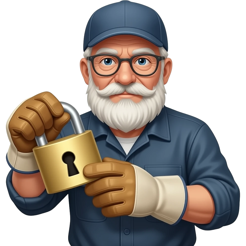 old man holding big lock in hand closeup , locksmith cloth glove emoji