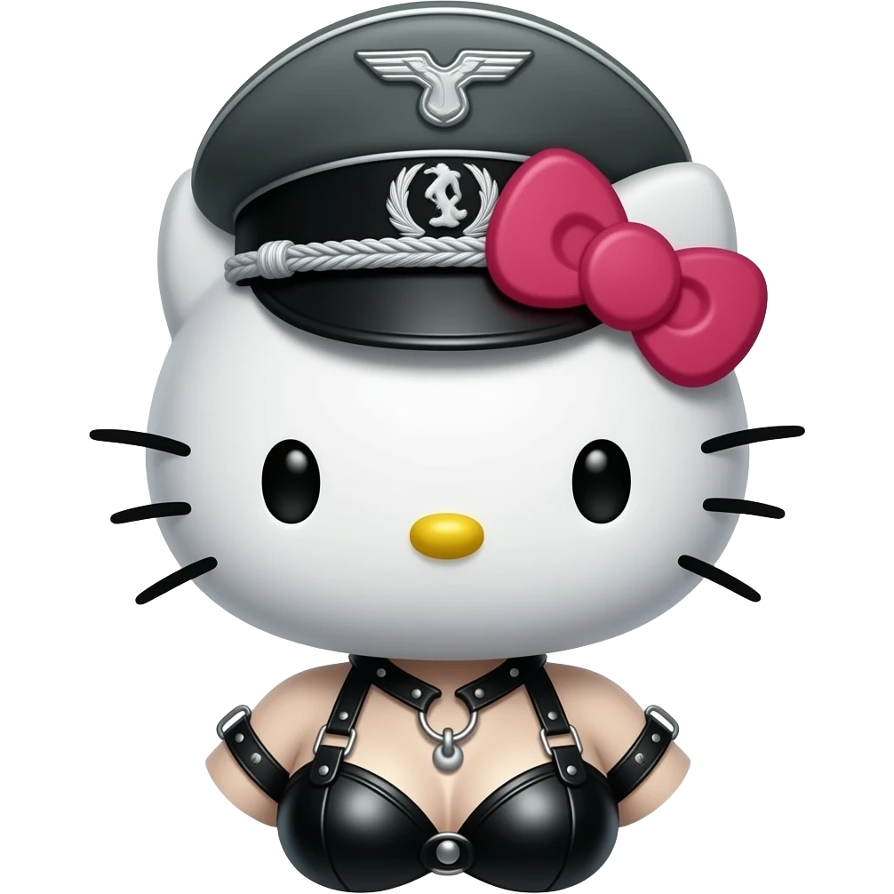 hello kitty representada como Dominatrix BDSM vestida de latex ajustado y O-ring harness, gorra militar estilo de las SS alemana emoji