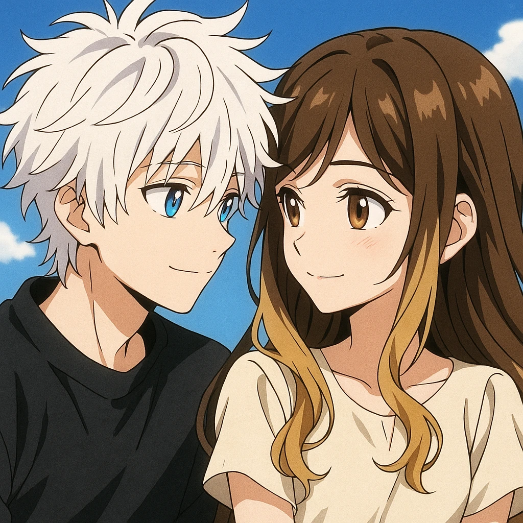 anime style, a boy with messy white hair and blue eyes looking lovingly at a beautiful girl with brunette and blonde hair and brown eyes emoji