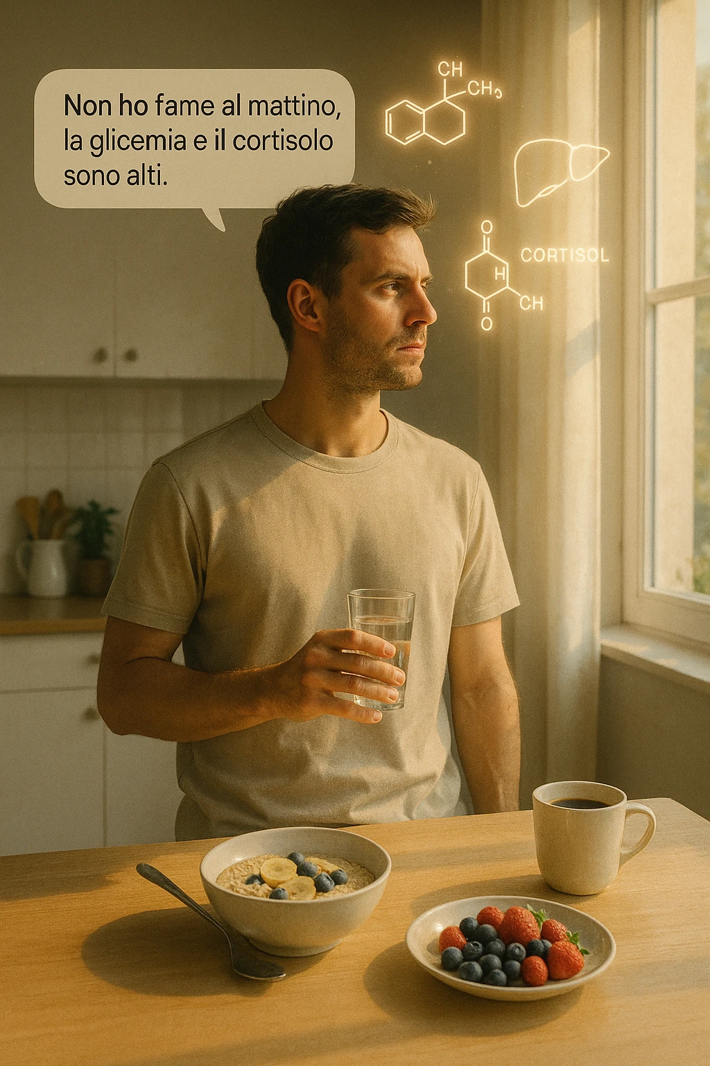 A realistic, cinematic illustration of a man in his early 30s with a lean, healthy build, standing calmly in a bright, minimal kitchen in the early morning. On the kitchen table, there is a prepared but untouched healthy breakfast (oatmeal, fruit, coffee). The man, with a neutral and focused expression, holds a glass of water while looking out of the window where morning sunlight enters. Above him, subtle glowing medical icons display: a glucose molecule, a cortisol hormone symbol, and a liver icon, indicating high morning blood sugar and cortisol levels. A small speech bubble or text overlay says: ‘Non ho fame al mattino, la glicemia e il cortisolo sono alti.’ The scene conveys a sense of calm, clarity, and body awareness, showing that the man consciously avoids breakfast due to physiological signals rather than restrizione. The style is realistic, warm, with a slight film grain, emphasizing health and conscious self-regulation. in italiano emoji
