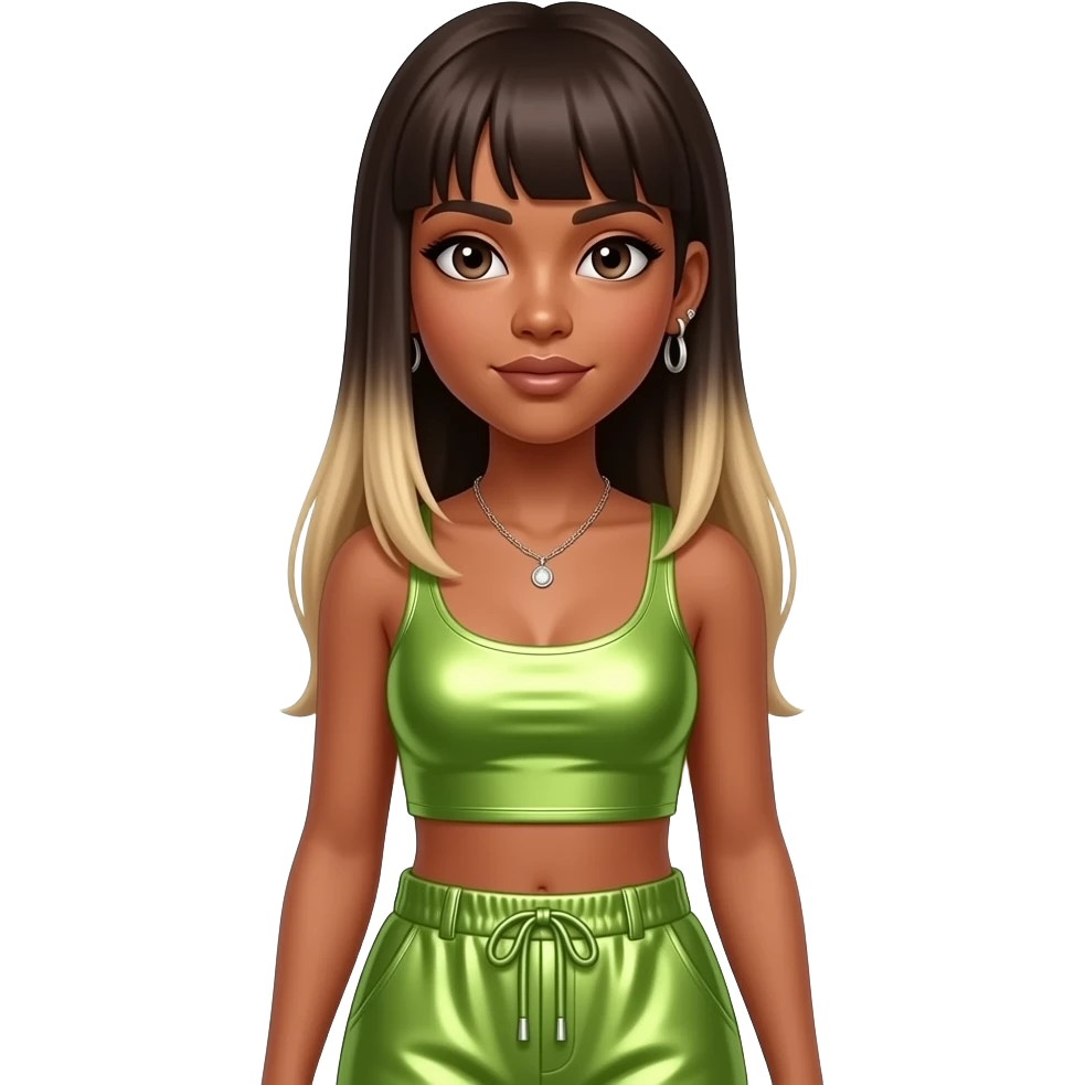 Shamari Fears from Blaque with dark brown eyes, long dark brown straight bang hair with blonde ombre, lime metallic crop top, lime metallic baggy pants, necklace and earrings emoji