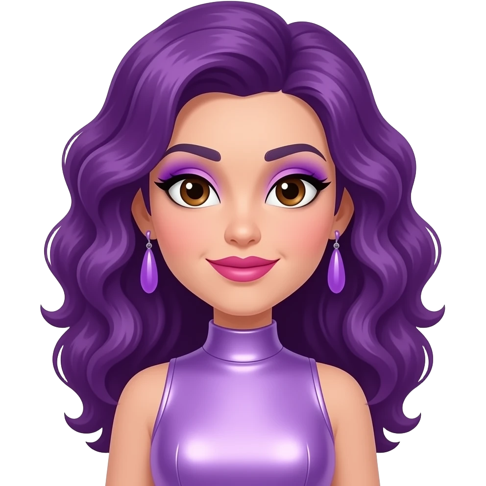 Shana from Jem and the Holograms with dark brown eyes, long purple 80s rocker curly hair, purple eyeshadow, hot pink lipstick, lilac metallic high neck dress, lavender earrings emoji