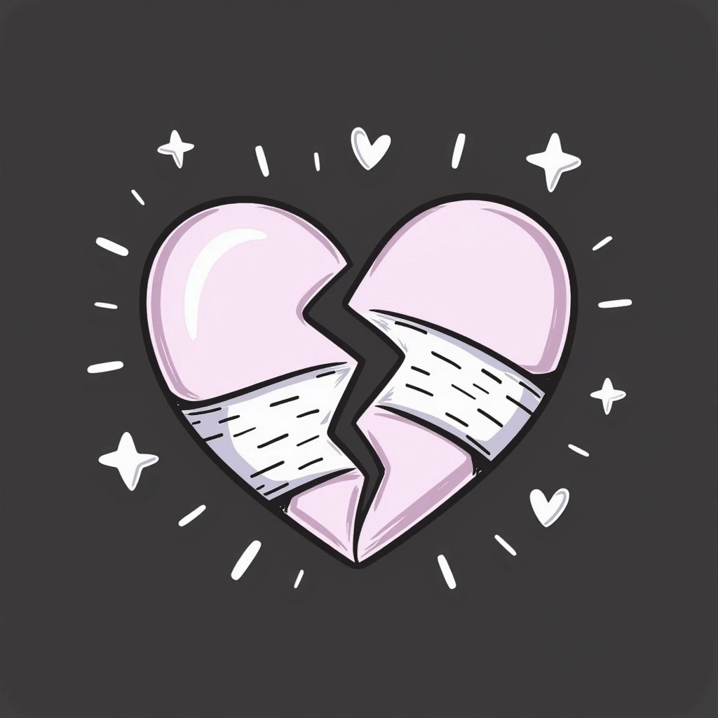 broken heart emoji with jagged split and bandage over the crack, chalk style, soft lilac color palette, rough doodle-like texture as if drawn with pastel chalk on a dark surface, surrounded by soft curved motion lines and subtle sparkles, aesthetic and emotional Telegram channel emoji