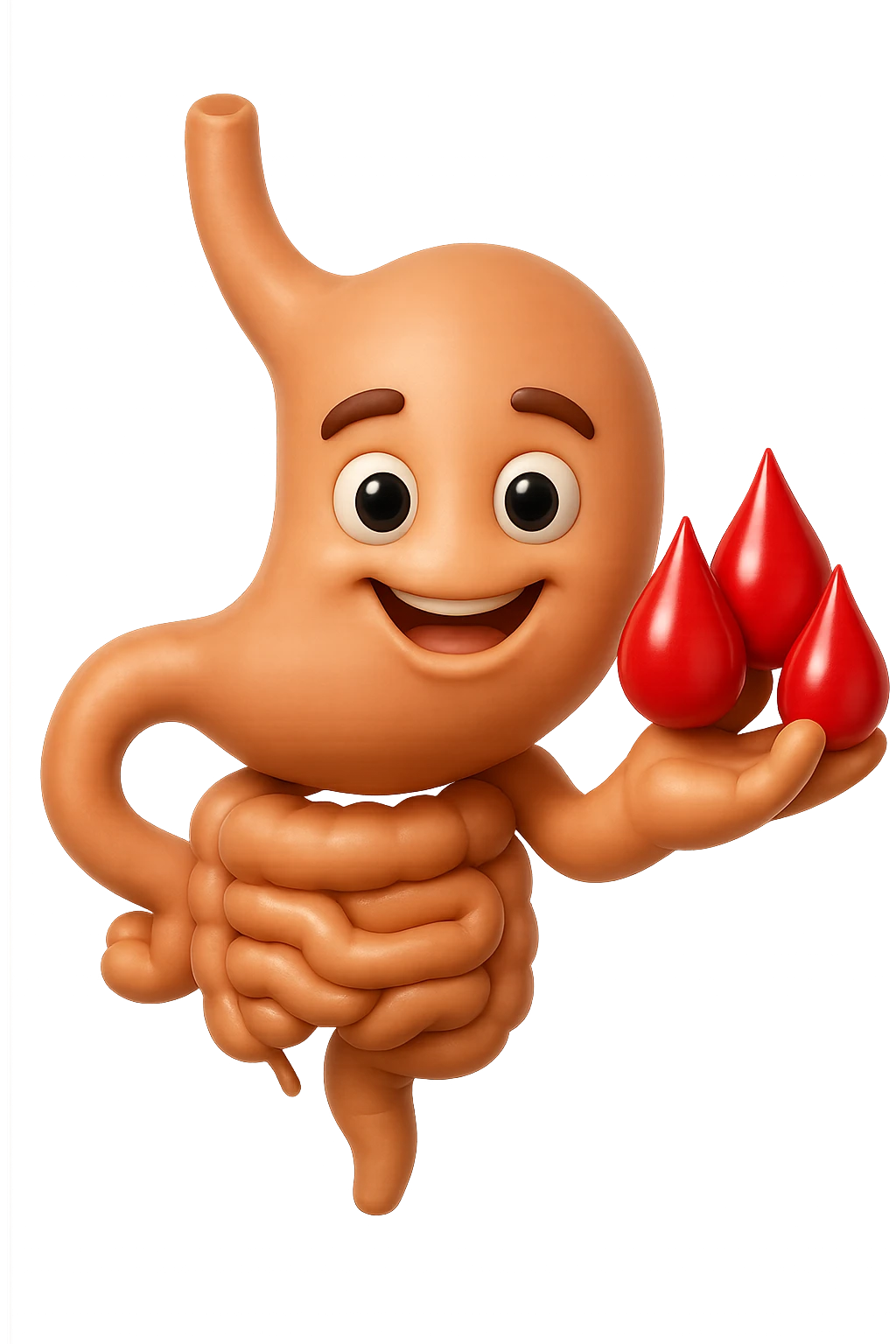 emoji stile iphone 3d di stomaco e intestino collegati verticalmente con 3 gocce di sangue 3d in mano, iperrealistiche 4k emoji