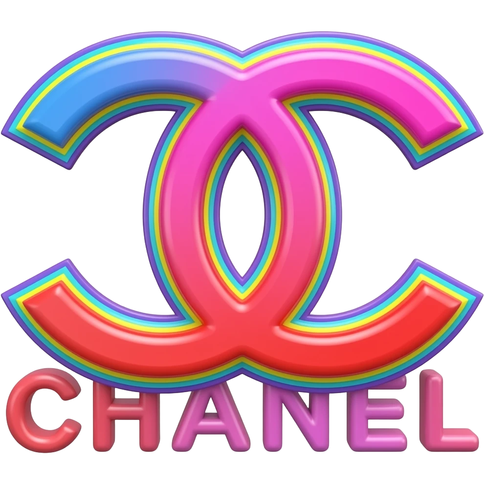 name "Chanel" in blue pink red 3D style typography lettering, each color of the rainbow as a border outlined around each letter, isolated, 3d rendering, no emoji icons no emoji faces and must have no human figures emoji