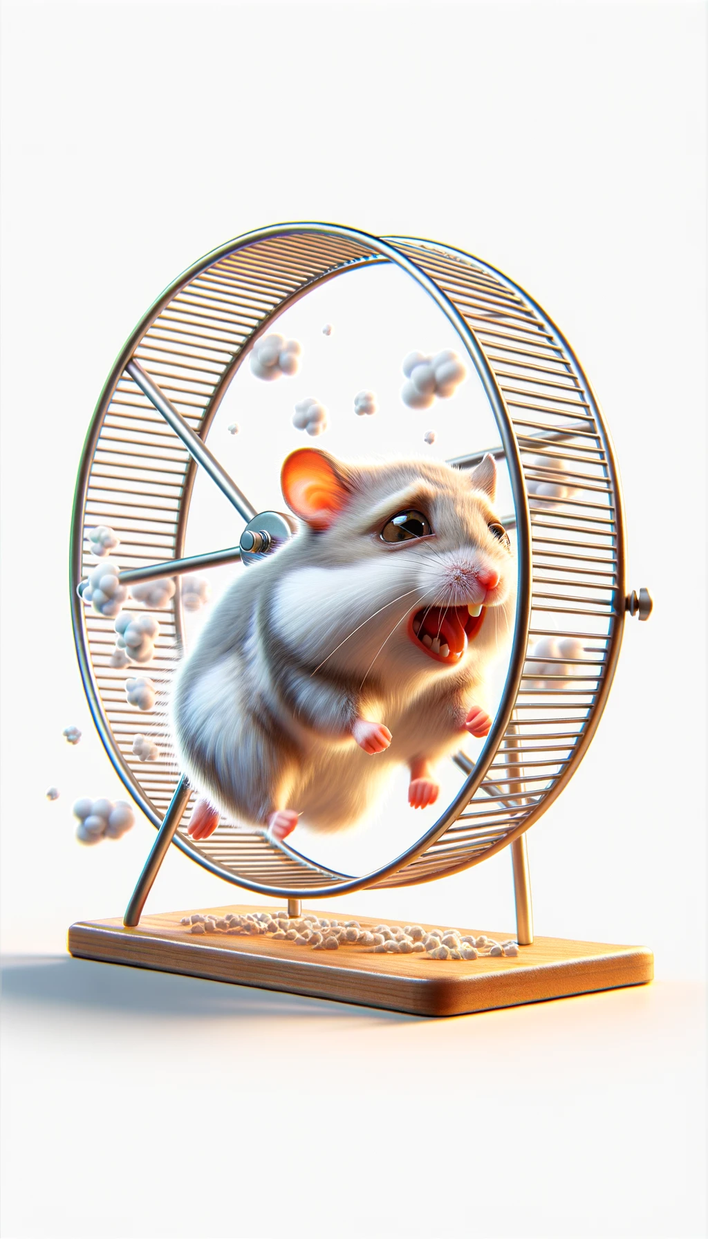 criceto stressato che corre sulla ruota, sfondo chiaro, iperrealistica 4k emoji