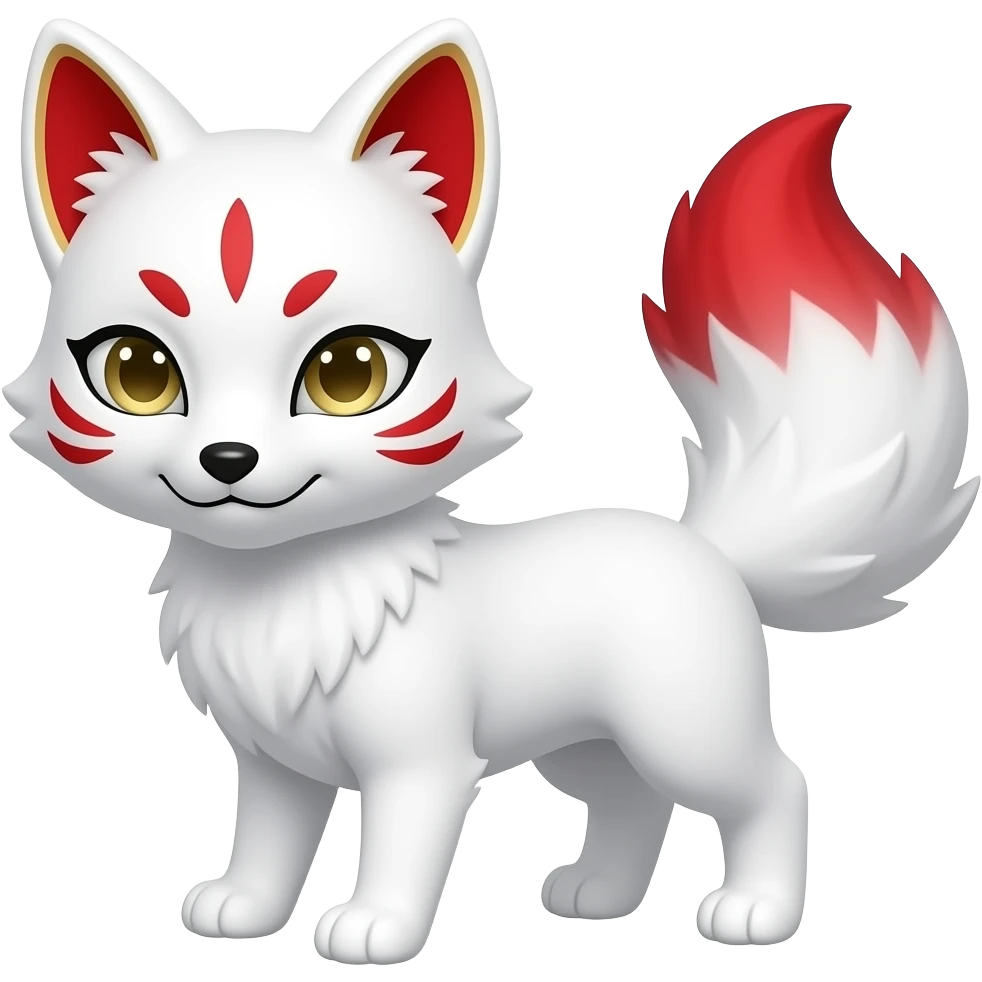 A pure white one-tailed kitsune (fox form,) with red accents, (one marking on each cheek, two markings each over its eyes and a single one on its forehead,) red on the insides of its ears, with gold markings inside of its ears,) and pale golden eyes. Pure white paws and a red tail tip. emoji