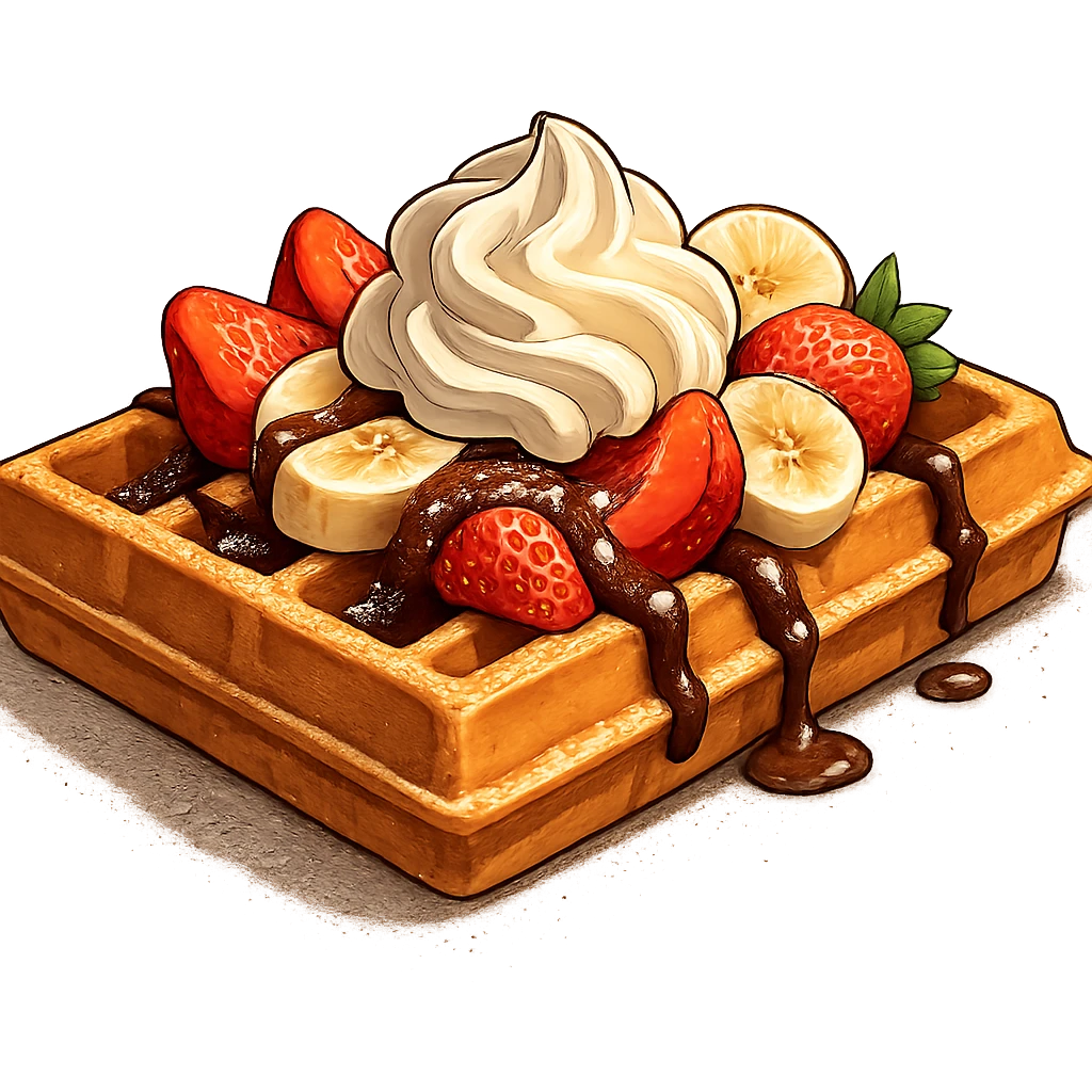 В слегка рисованном, но при этом ярком и объемном стиле с четкими линиями составь фотореалистичную композицию, где горизонтально лежит классическая брюссельская вафля с нарезанной клубникой и бананом, сливочными кремом, политая шоколадом и посыпанная сахарной пудрой, профессиональный свет, подчеркивающий объем, сделай картинку более широкой, прозрачный фон emoji