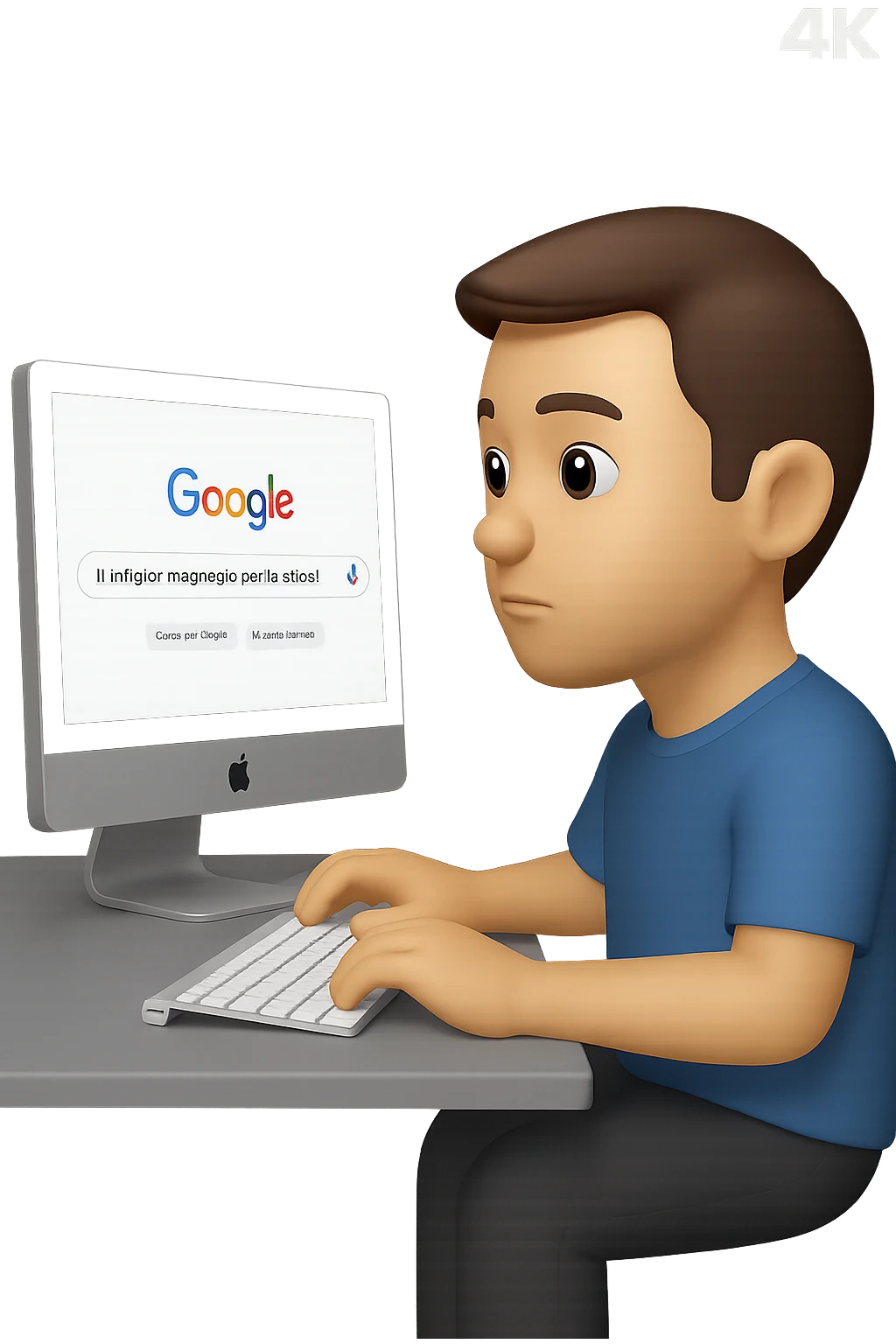 emoji stile iphone di un uomo davanti al pc che cerca di google: "Il miglior magnesio per la stipsi", iperrealistico 4k emoji