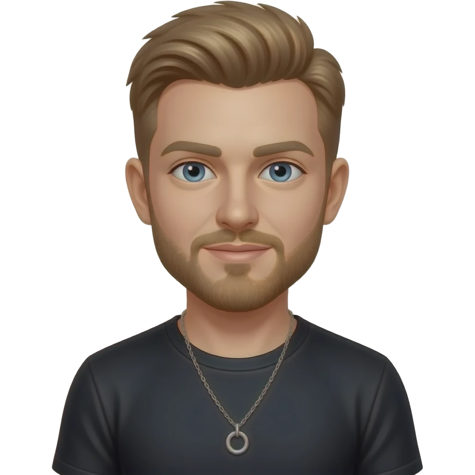Ben Phillips from The Sorrybro Crew with blue eyes, golden brown hair and short beard, black metallic T-shirt, necklace emoji