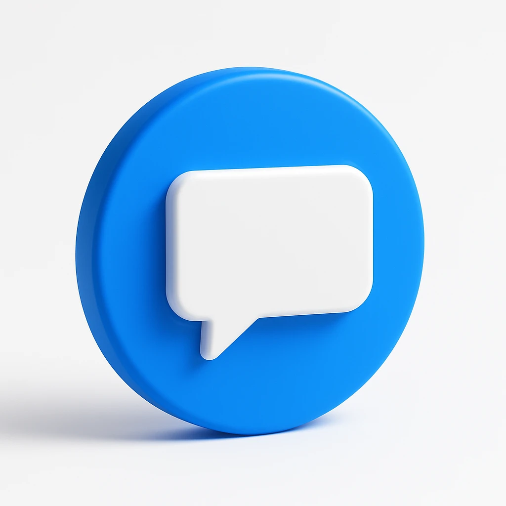 3D blue circular comment icon with a white rectangular speech bubble inside, modern social media style, minimal flat design, high contrast, centered, clean background, no text emoji