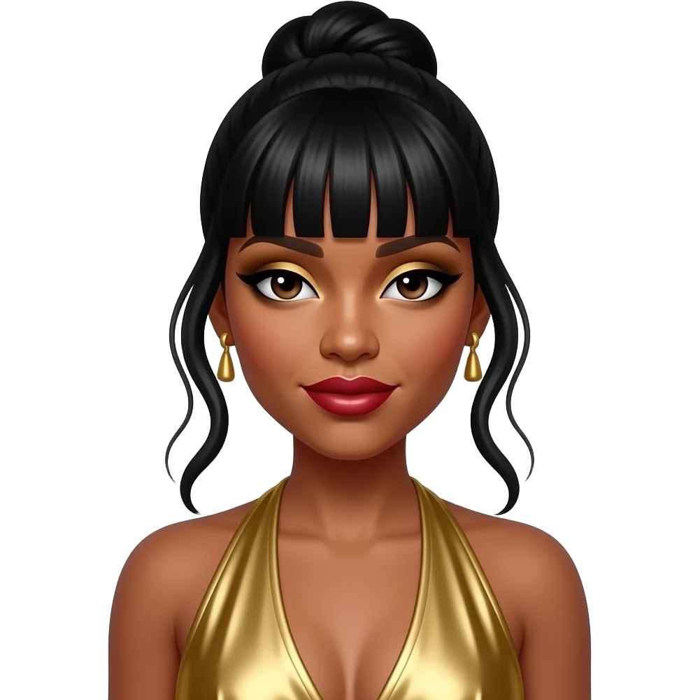 LeToya Luckett from Destiny's Child with dark brown eyes, long black bang hair with updo, gold eyeshadow, dark red lipstick, gold metallic halter dress, earrings emoji