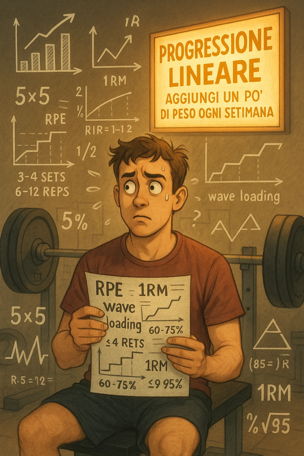 Neofita in palestra, visibilmente confuso, seduto su una panca con in mano un foglio pieno di schemi complicati, numeri, percentuali e sigle (tipo 5x5, RPE, 1RM, wave loading, ecc). Ha un’espressione perplessa, guarda in tutte le direzioni. Intorno a lui appaiono in aria grafici intricati, metodi diversi, formule complicate. Ma sullo sfondo, in modo semplice e luminoso, c'è un cartello che dice: 'Progressione lineare – Aggiungi un po’ di peso ogni settimana'. La luce calda illumina proprio quel messaggio semplice. Contrasto visivo forte tra la confusione e la chiarezza. Stile realistico o illustrato, atmosfera educativa e motivazionale. emoji