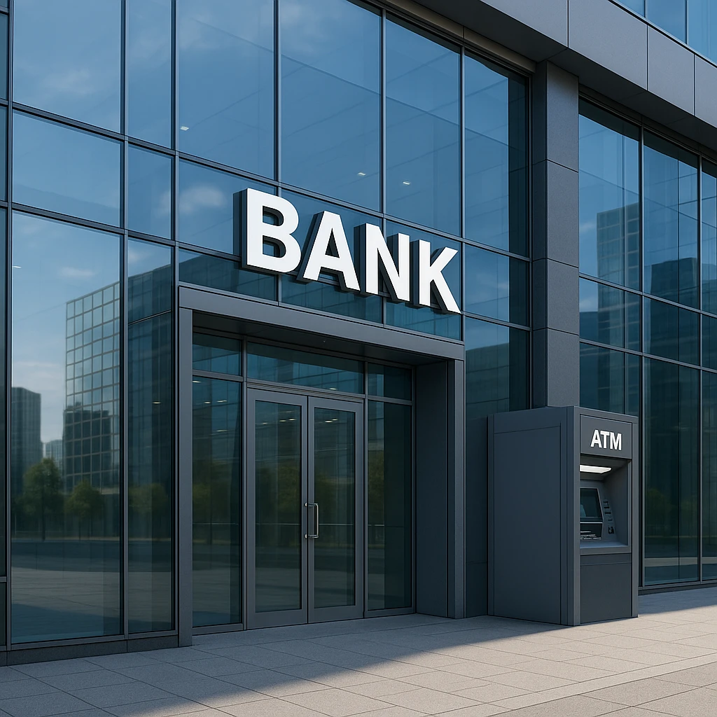 a modern bank building with glass facade, ATM outside, financial institution emoji