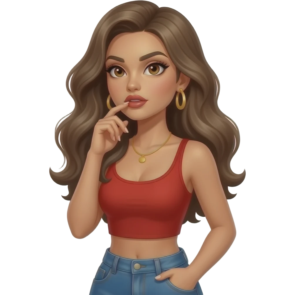 Fingers on lips and thinking looking up woman with tan glowy skin, hazel eyes almond with long lashes,, full lips, dark blonde flowing hair, delicate feminine sexy features, wearing a red crop top and blue low waist jeans, confident and femenine and glam makeup. Intense seductive look. REALISTIC emoji