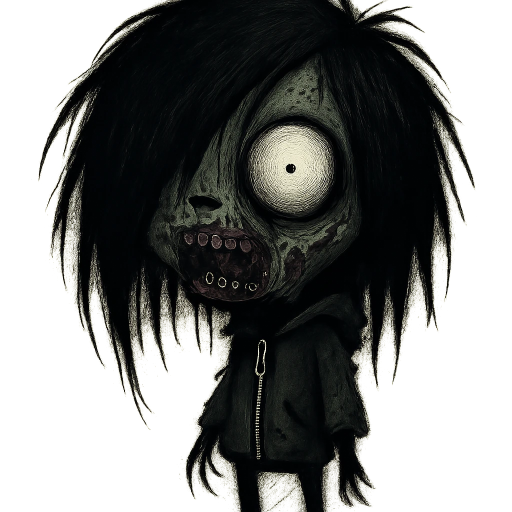 GIR zombie with black long shaggy hair, emo, dark and spooky, creepy face emoji