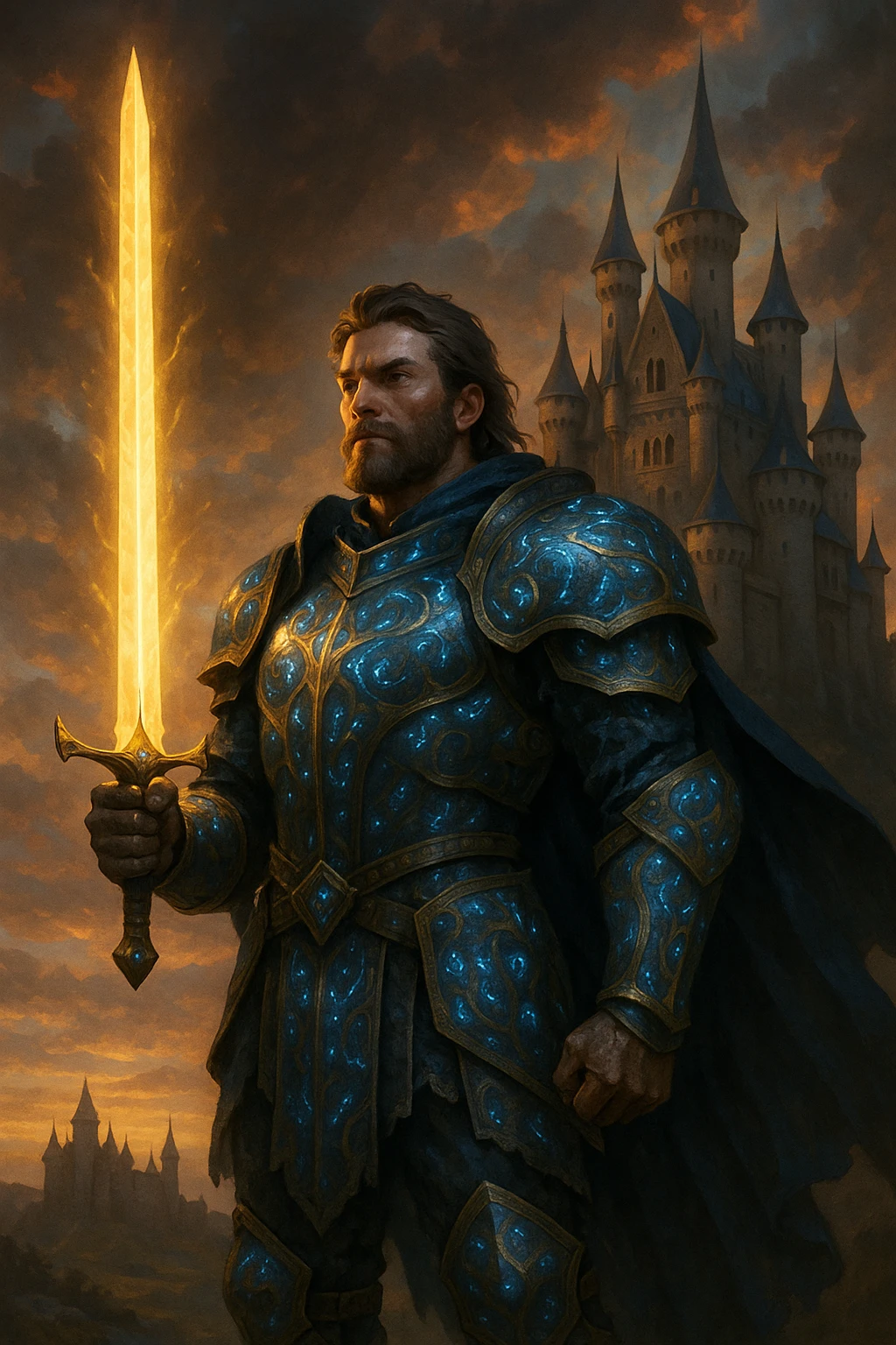 A brave fantasy warrior, holding a glowing sword, wearing enchanted armor, with a castle in the background emoji