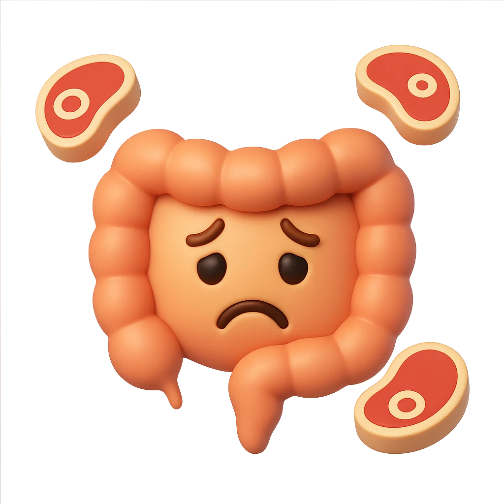 emoji stile iphone in 3d di un intestino triste con fette di carne che gli fluttuano intorno emoji