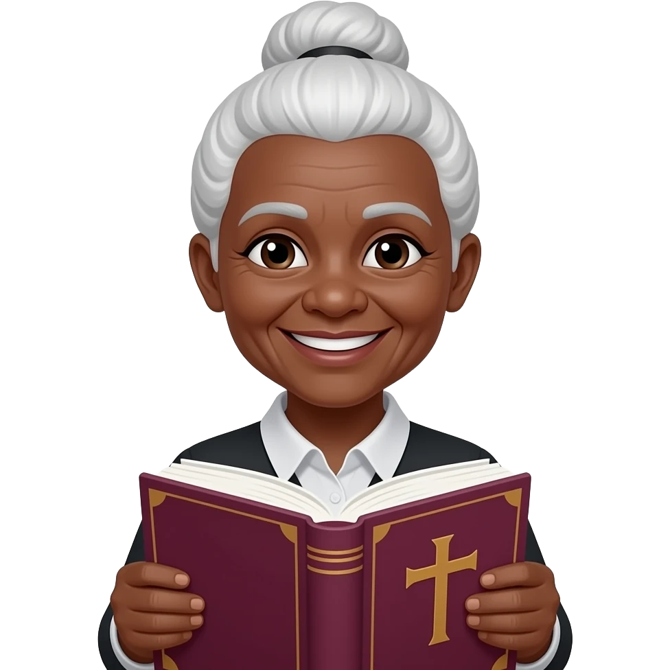 wise old woman with white hair in a bun black skin warm smile with burgundy book that has a cross on it emoji