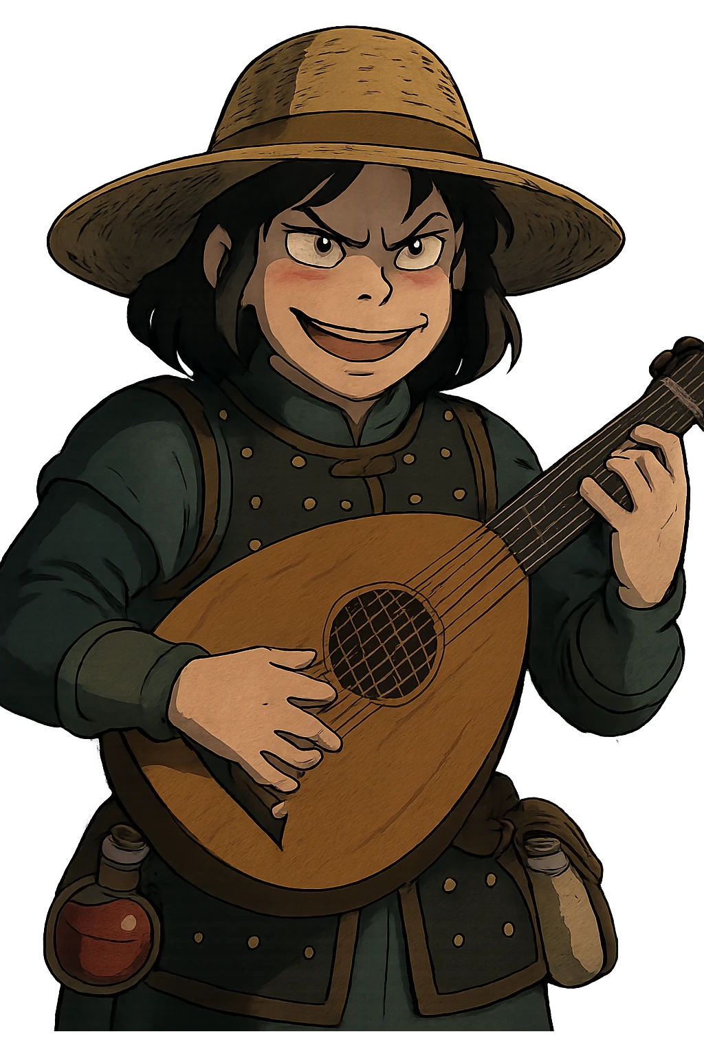 A female bard wearing brigandine armor with a sturdy straw hat, playing a fat medieval lute and singing, night time shadows, tool belt with red potion and bandages, portrait , mischievous grin, anger emoji