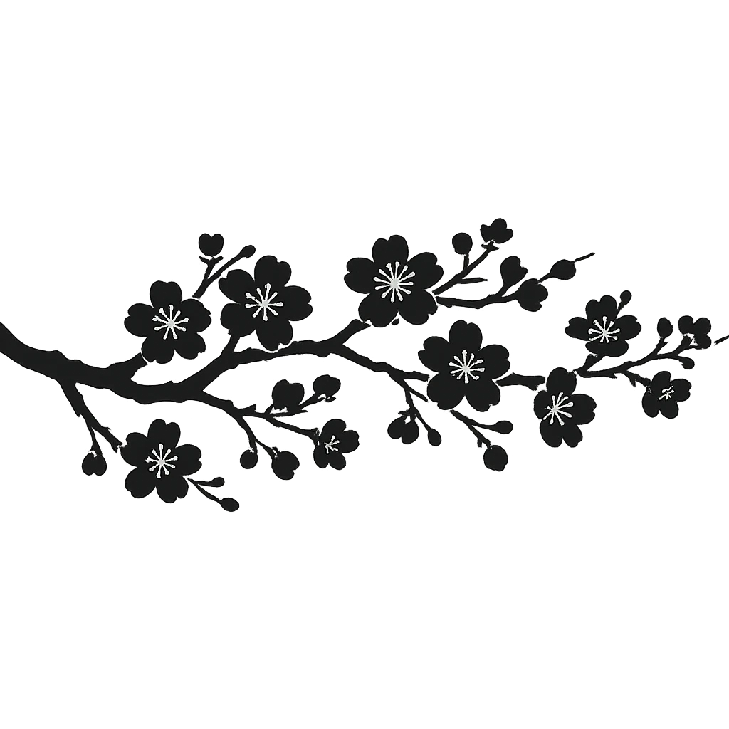 long sakura branch with solid fill, monochrome, eastern style, no background, for sign decoration, 1200x100px emoji