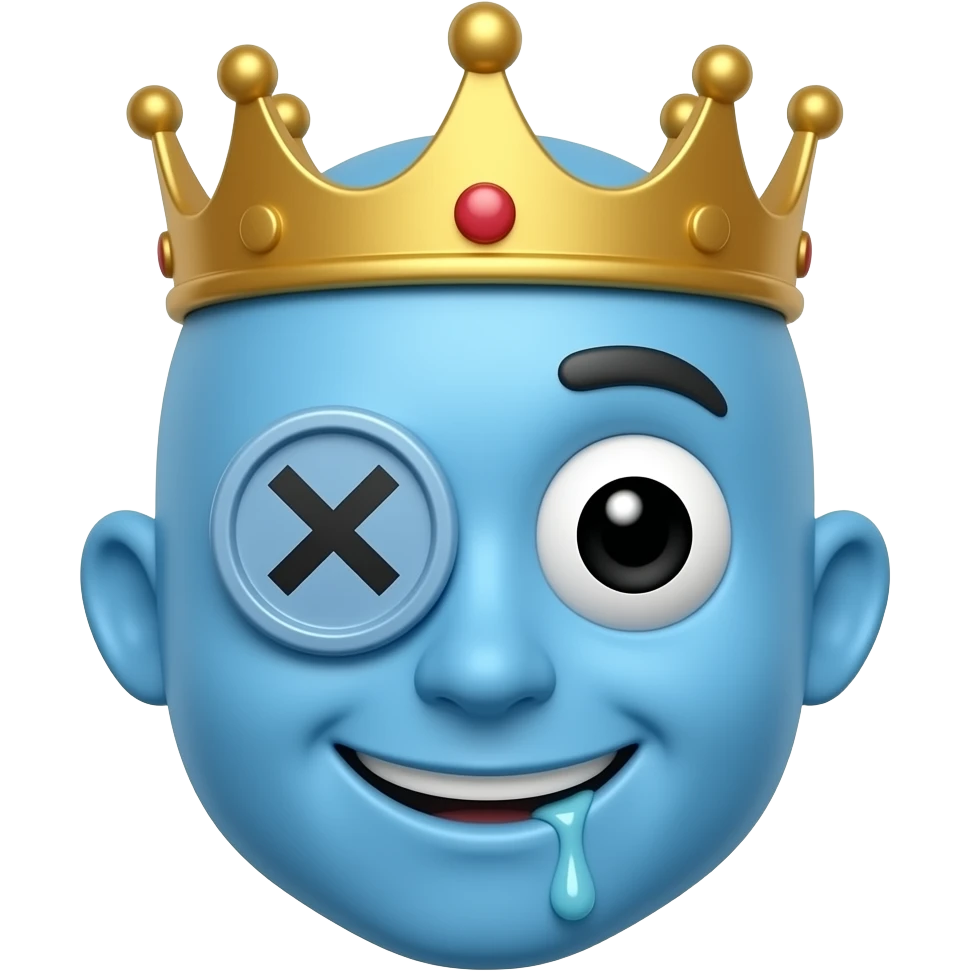 A blue guy with a button on that has an x on it for his left eye he’s smiling and drooling and he has a crown emoji