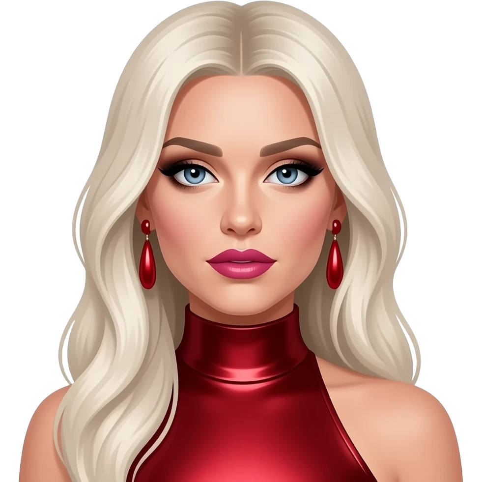 Ke$ha with grey-blue eyes, long platinum blonde hair, black eyeshadow, pink lipstick, red metallic high neck dress, red earrings emoji